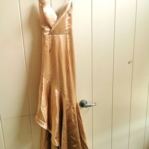 Gold Asymmetric high low hem gown, spaghetti strap